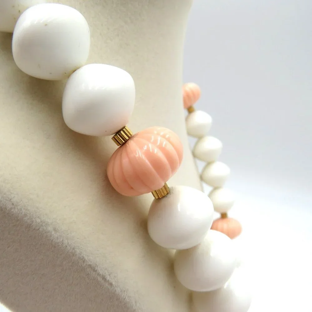 Vintage Chunky Beaded Necklace White Pink Melon Gold Tone Spacer Costume Jewelry